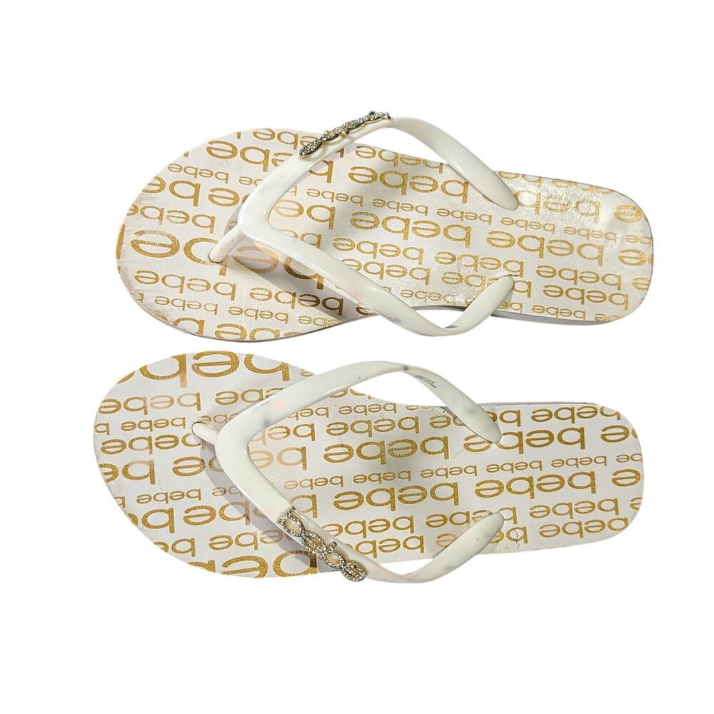 Bebe White Gold Logo Flip Flops Rhinestone Sandals Women's Size 7 Y2K Beach Glam